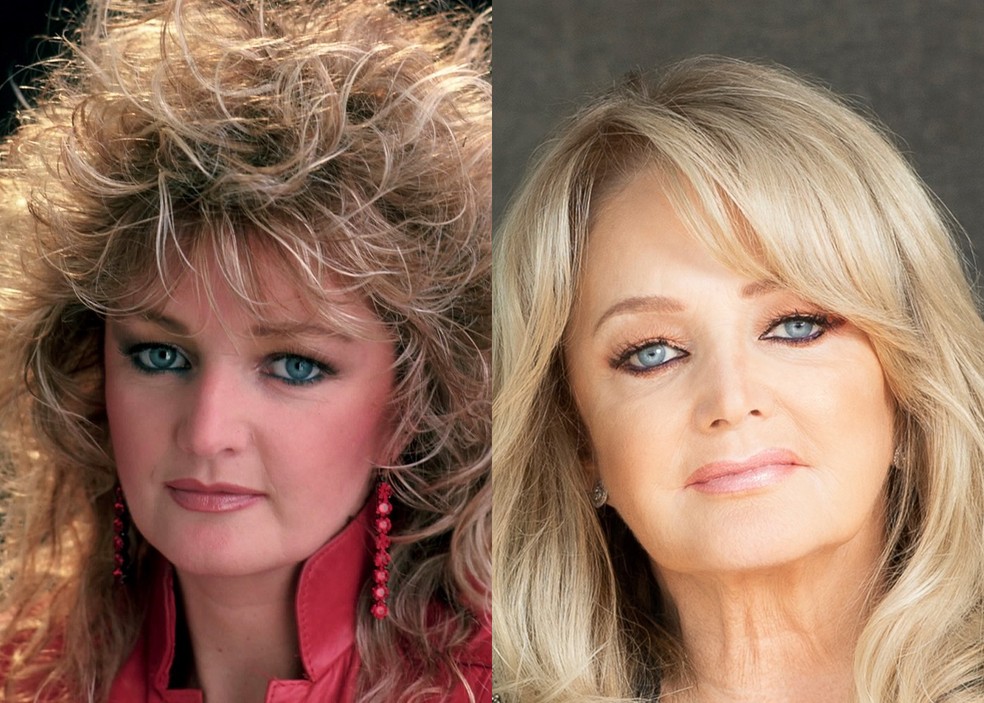A cantora galesa Bonnie Tyler nos anos 80 e em foto recente — Foto: Divulgação/Site Oficial