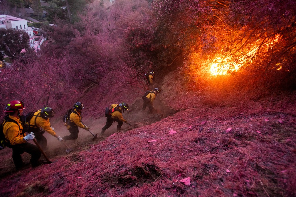 Bombeiros trabalham para limpar um corta-fogo em encosta coberta por retardante rosa de fogo em Mandeville Canyon, bairro de Los Angeles atingido por um dos incêndios simultâneos que devastaram a cidade — Foto: Ringo Chiu/Reuters