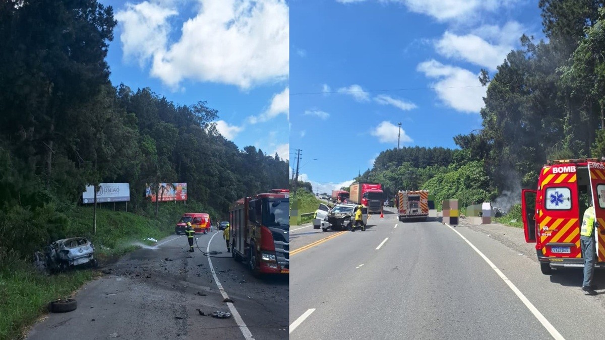 Motorista e criança de 11 anos morrem após carro pegar fogo em acidente em rodovia de SC