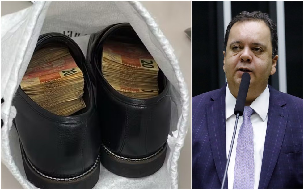 PF encontrou dinheiro dentro de sapato na casa de vereador Francisco Manoel do Nascimento Neto, que é primo do deputado federal Elmar Nascimento (União-BA) (à direita na foto). — Foto: Reprodução; Mário Agra/Câmara dos Deputados