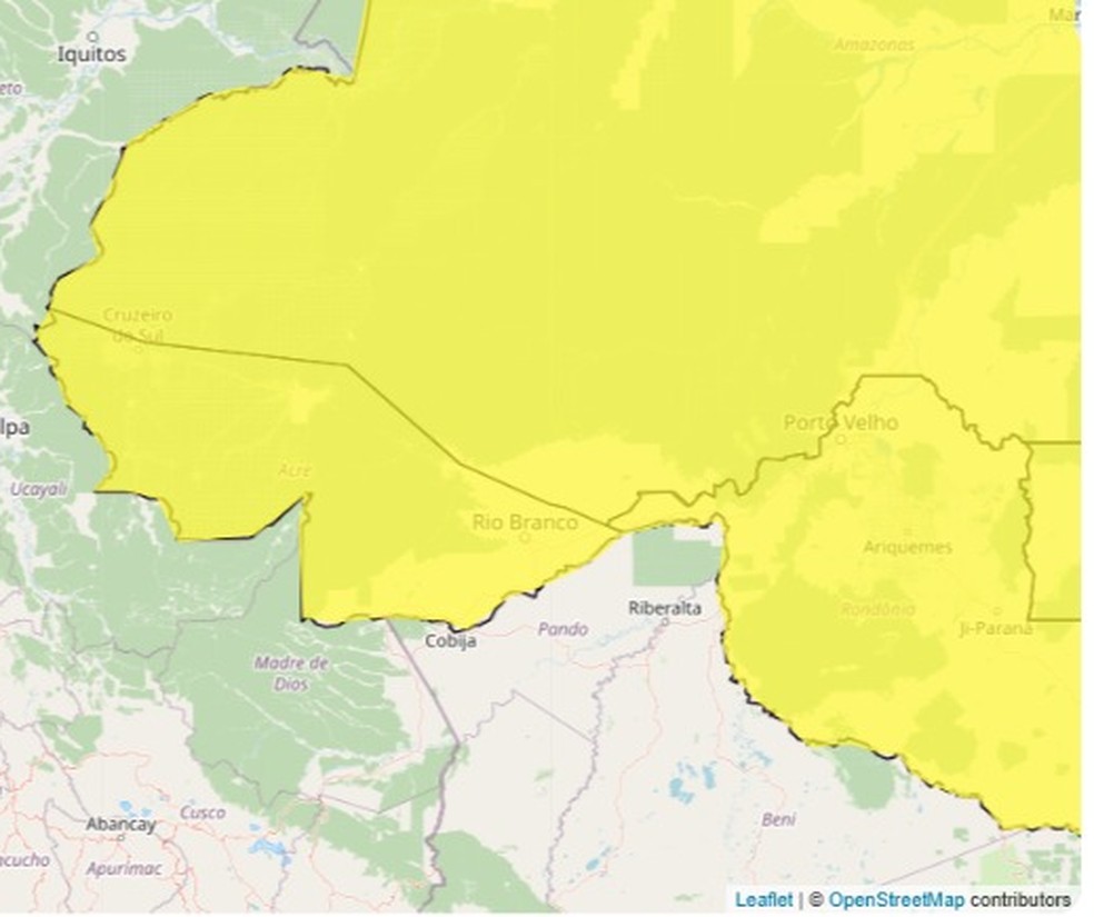 Inmet emite alerta amarelo para chuvas intensas em todo o Acre nesta quarta-feira (5) — Foto: Reprodução/Inmet
