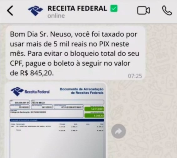 Receita alerta para tentativa de golpe com suposta cobrança de taxa sobre o PIX