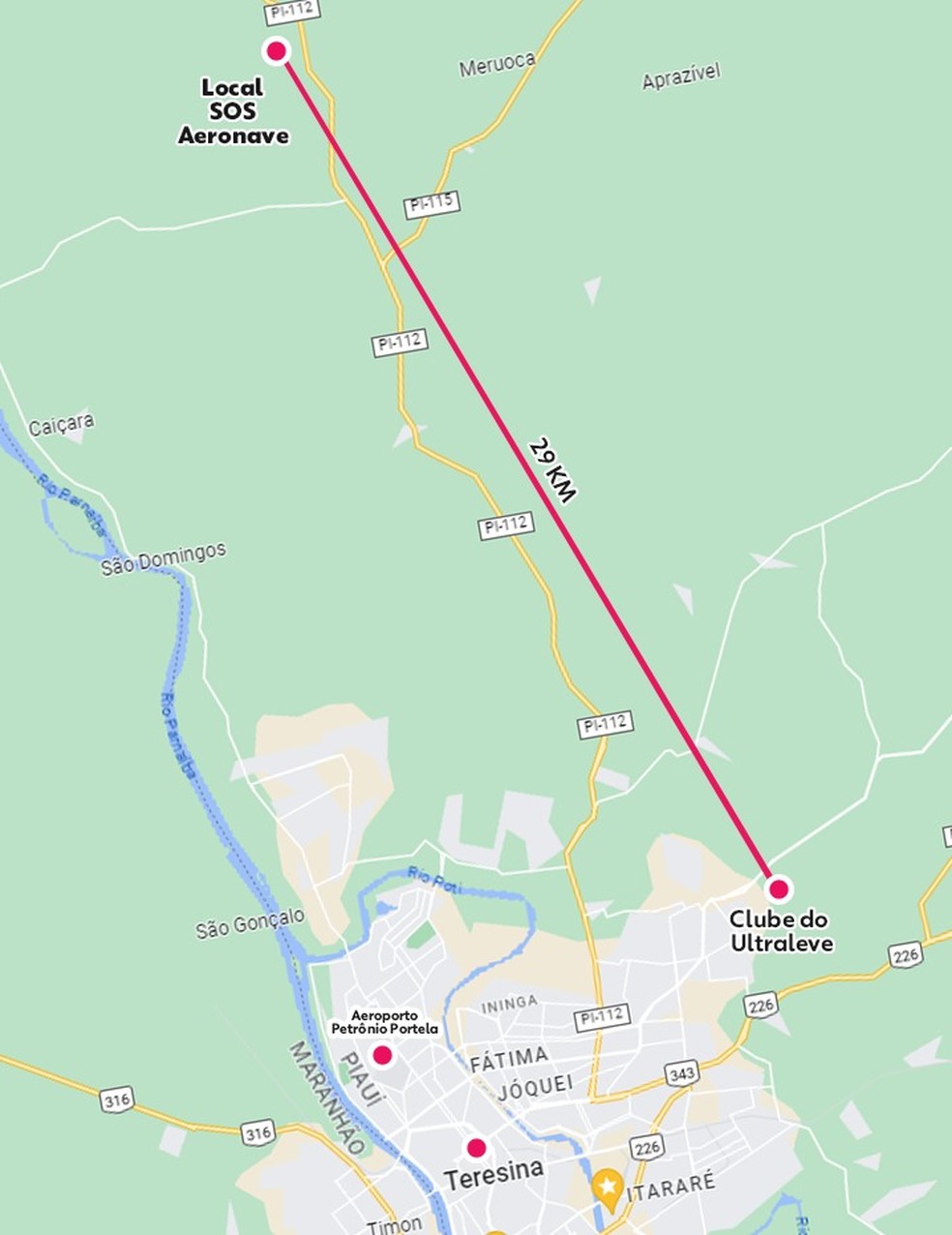 Mapa mostra distância percorrida pelo avião do ponto de decolagem até o local do pouso de emergência no PI — Foto: Adelmo Paixão/g1