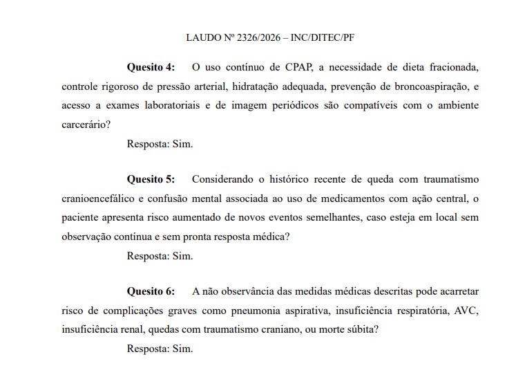 Laudo da PF diz que quadro de saúde de Bolsonaro demanda cuidados, mas que ele tem condições de permanecer na Papudinha