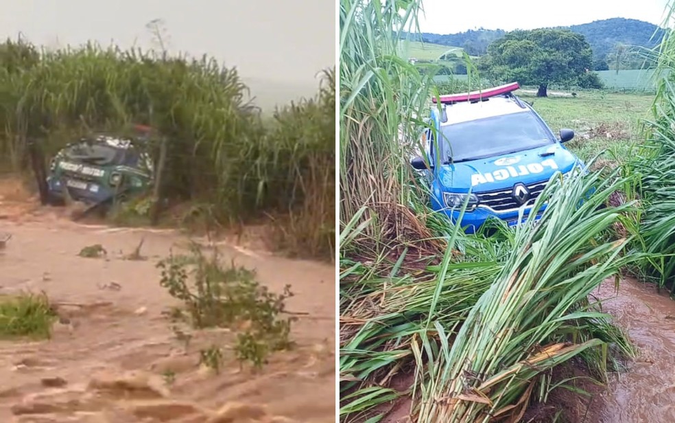 Viatura da PM após ser arrastada durante tempestade, em Anicuns — Foto: Divulgação/Polícia Militar