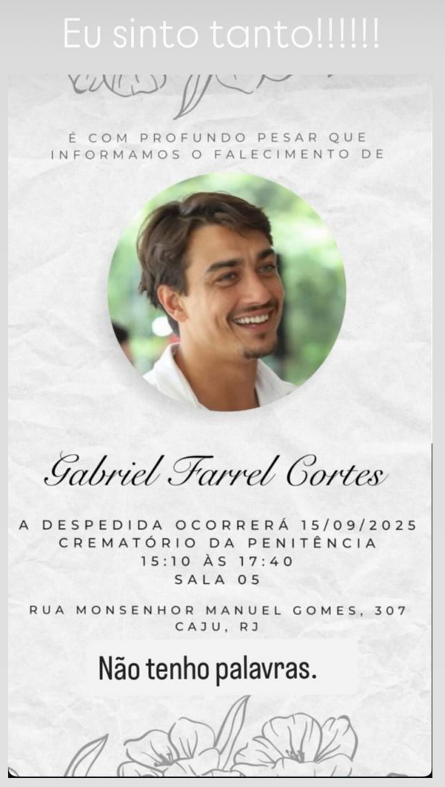 'Sinto tanto. Não tenho palavras', diz mãe de empresário Gabriel Farrel, morto em salto no Rio