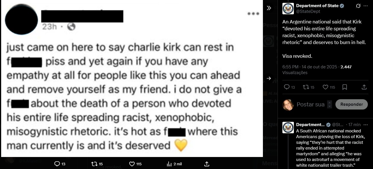 Governo Trump cita brasileiro ao falar de vistos revogados por posts celebrando a morte de Charlie Kirk