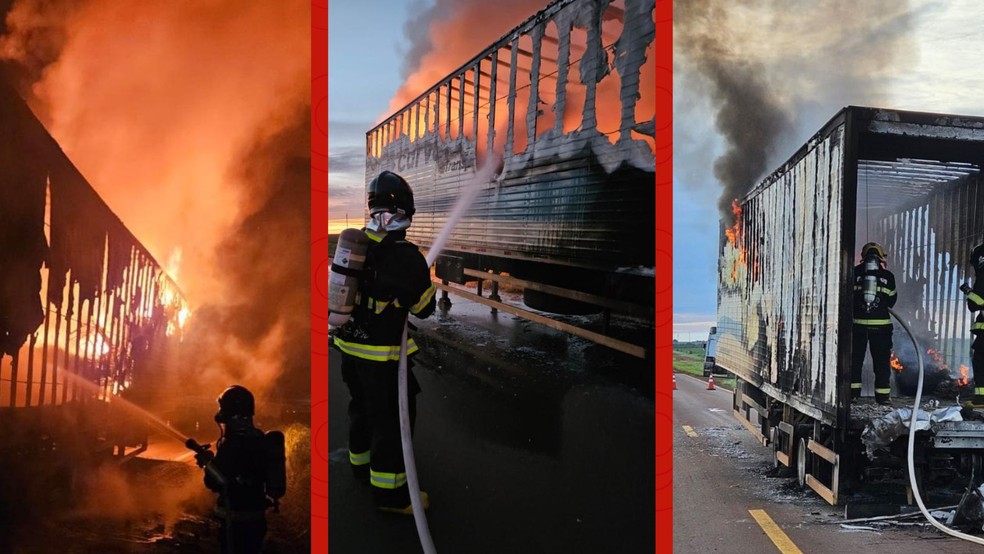 Uma carreta pegou fogo na rodovia MT-325, nesta segunda- feira (26) em Canarana, a 651 km de Cuiabá. Ninguém ficou ferido. — Foto: Corpo de Bombeiros- MT