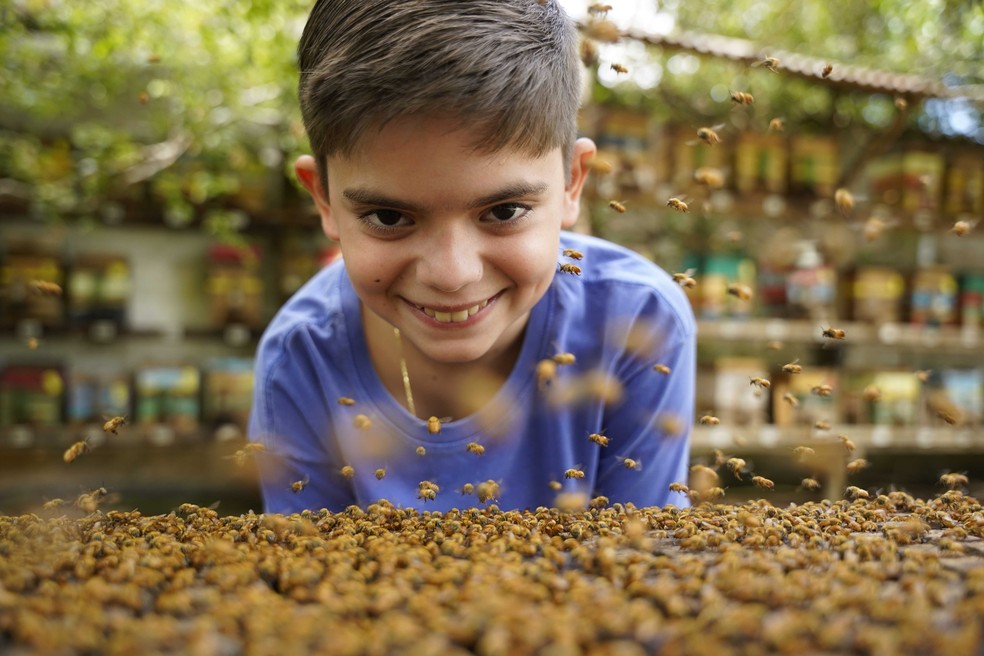 Geraldo Enrico Tigre Herzog, 11 anos, menino autista que encontrou nas abelhas uma forma de se socializar com o mundo — Foto: Ricardo Medeiros/Rede Gazeta