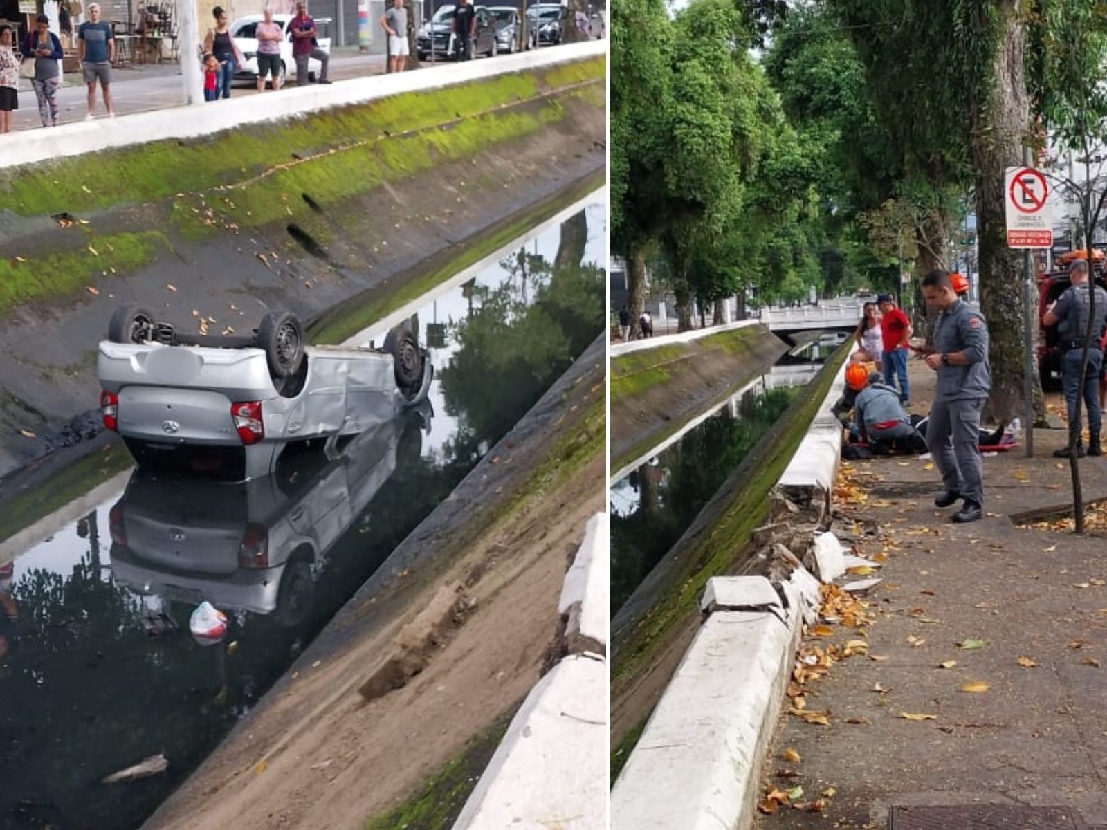 Motorista perde o controle e cai com o carro dentro do canal 3, em Santos