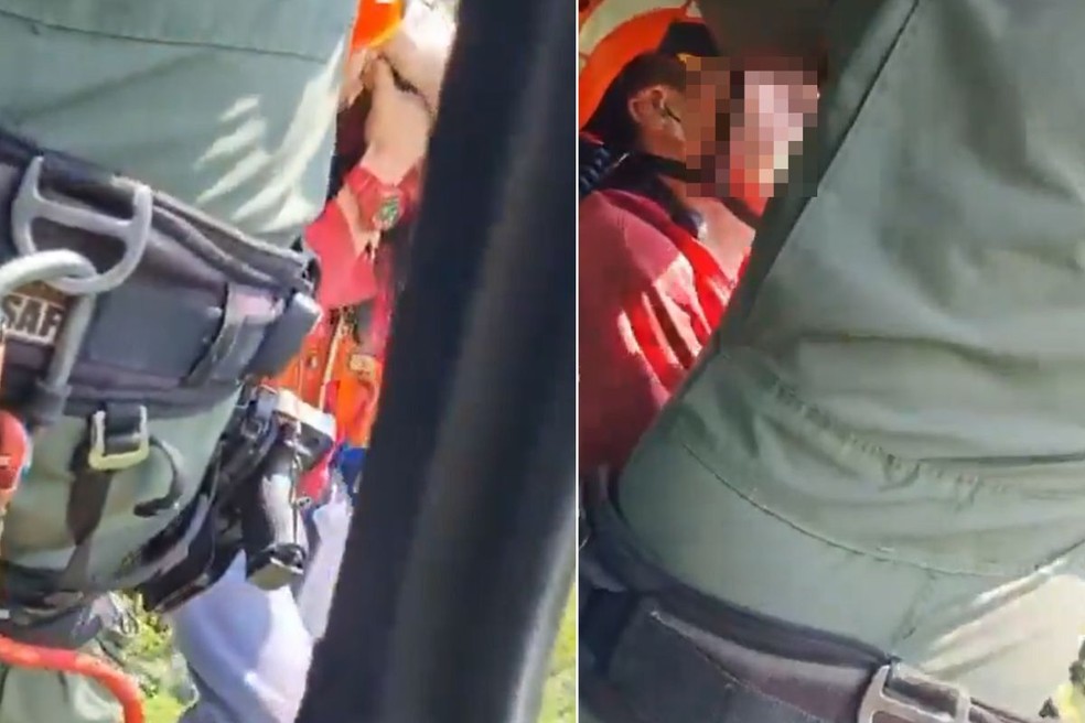 Equipe de helicóptero usou guincho para resgatar homem perdido em trilha de Cubatão (SP) — Foto: Polícia Militar/Divulgação