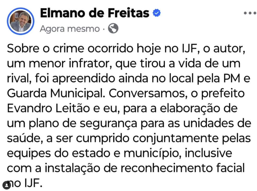 Governador e prefeito pretendem fazer a elaboração de um plano de segurança para as unidades de saúde — Foto: Reprodução/Instagram