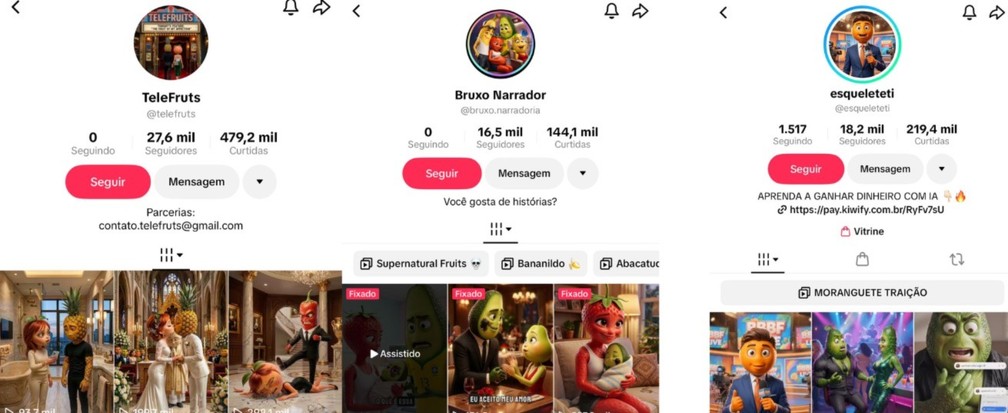 Perfis no TikTok de contas que publicam as 'novelinhas' de frutas. Em alguns deles, propostas de parcerias. Em outros, links de cursos ensinando a "ganhar dinheiro com IA". — Foto: Divulgação