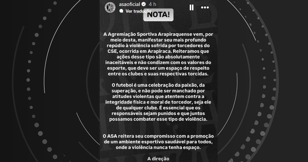 Nota de repúdio do ASA — Foto: Reprodução/Instagram