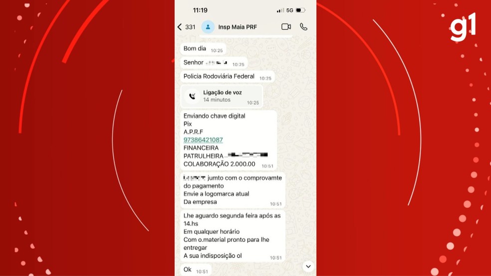 Mensagens enviadas por suposta policial exigindo dinheiro de empresário no RS — Foto: Divulgação