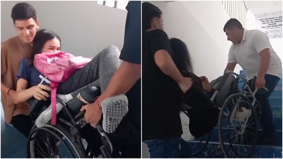 Estudantes cadeirantes de escola pública em Caucaia são carregadas por colegas devido à falta de acessibilidade em novo anexo — Foto: Reprodução