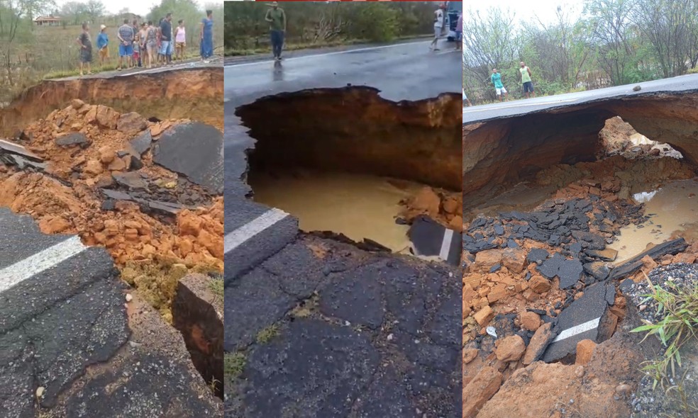 Cratera se abre na BR-116 e rodovia é totalmente interditada — Foto: PRF I Redes Sociais