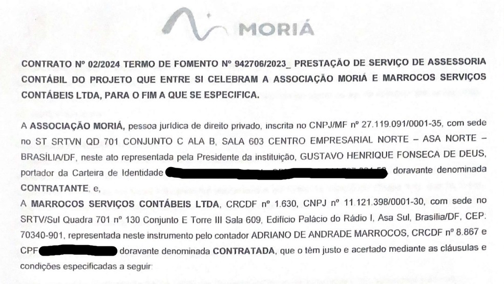 Contratado firmado pela Moriá com empresa de Adriano Marrocos, obtido pelo g1 — Foto: Reprodução