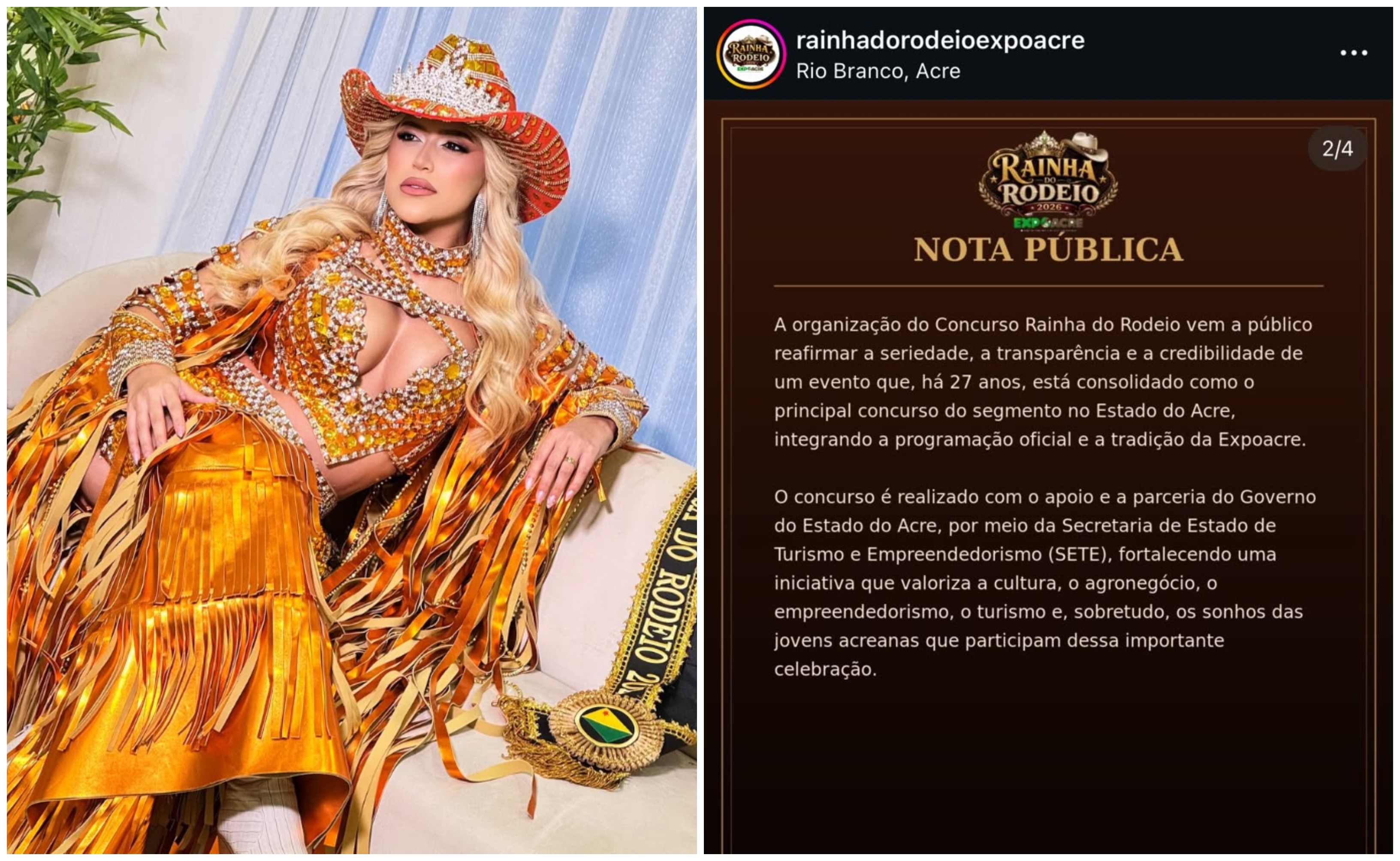 Candidata recusa 2º lugar após resultado do concurso Rainha do Rodeio da Expoacre 2026; organização nega favorecimento