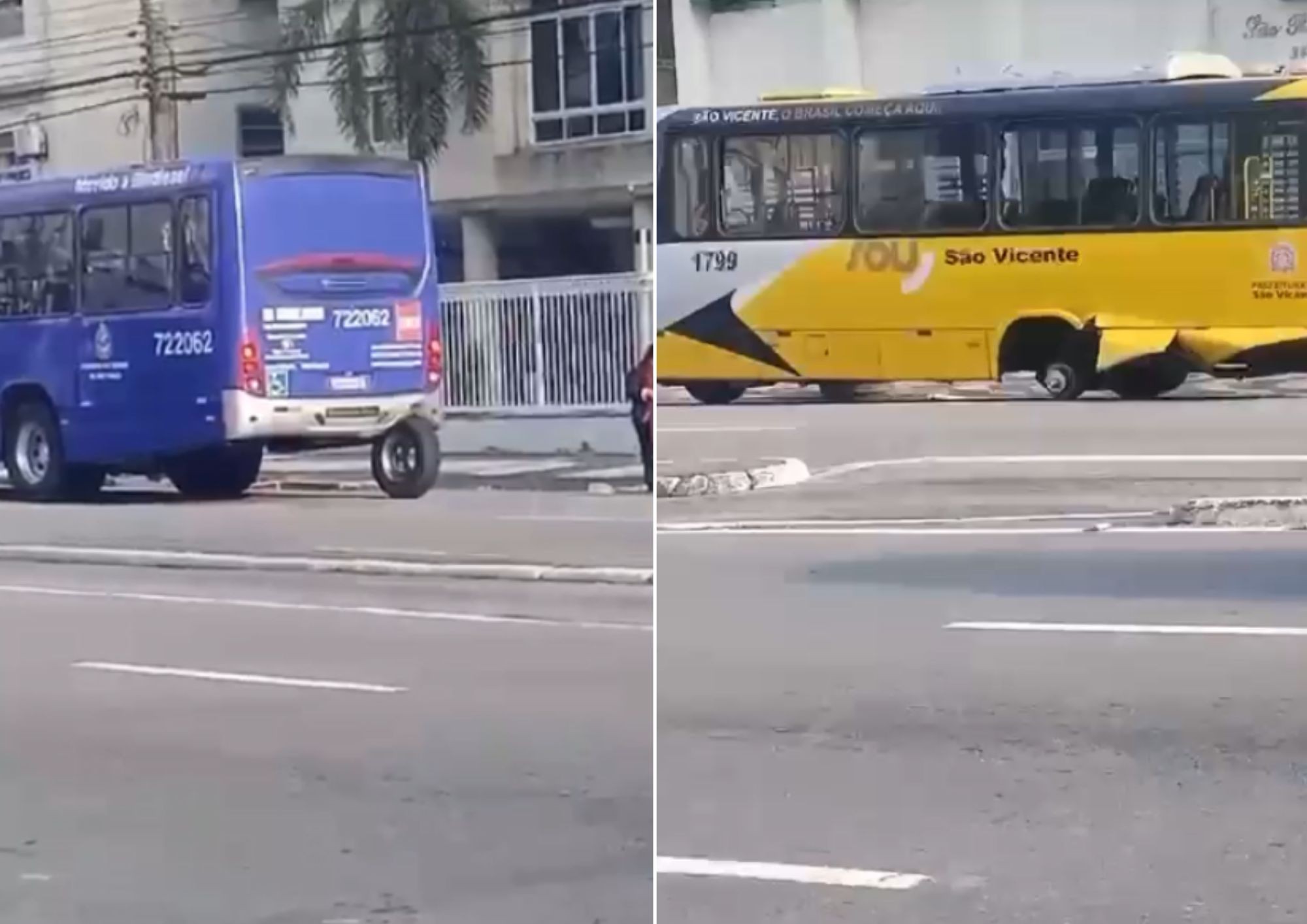 Roda de ônibus municipal se solta e atinge outro coletivo no litoral de SP 
