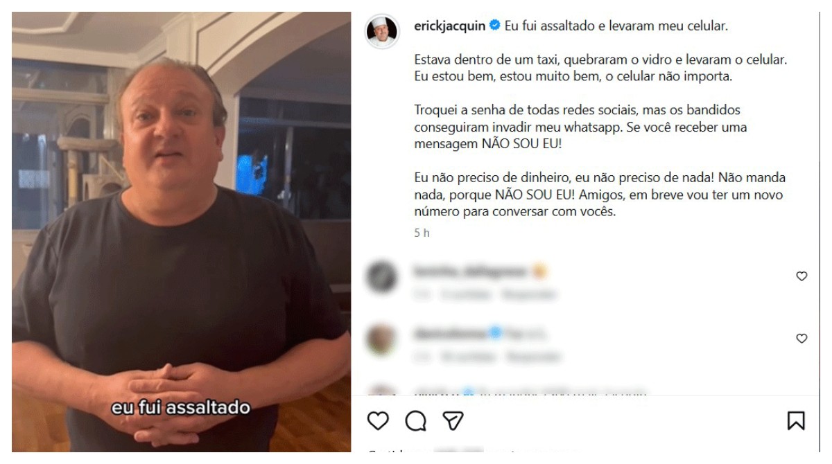 VÍDEO: Chef Erick Jacquin diz que celular foi roubado no táxi por ladrão da 'gangue do quebra-vidro': 'pegou meu telefone e foi embora'