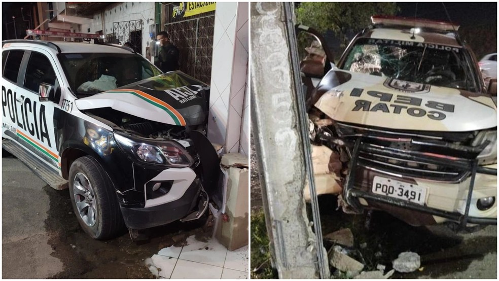 Carros da PM batem em muro de casa e em poste durante ocorrências em Fortaleza e Caucaia. — Foto: Arquivo pessoal