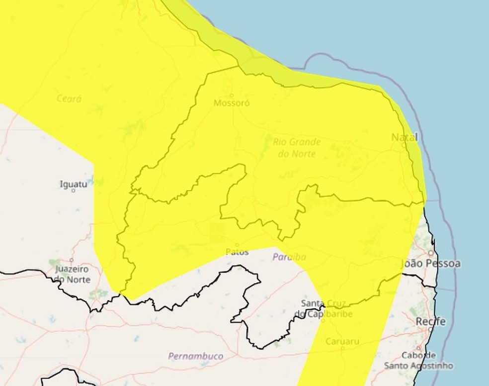 Inmet emite alerta de acumulado de chuvas para todo o Rio Grande do Norte — Foto: Reprodução/Inmet