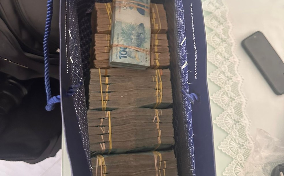 Sacola de dinheiro encontrada com vereador preso pela PF. — Foto: Divulgação/Polícia Federal