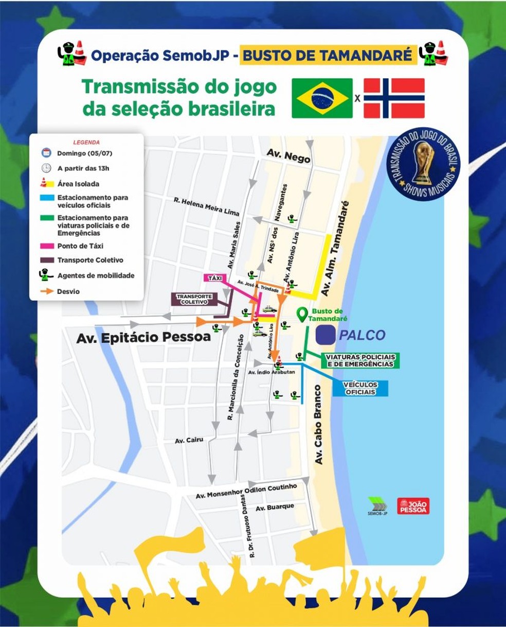 Esquema de tr&acirc;nsito para o jogo do Brasil na Copa, em Jo&atilde;o Pessoa &mdash; Foto: Semob-JP