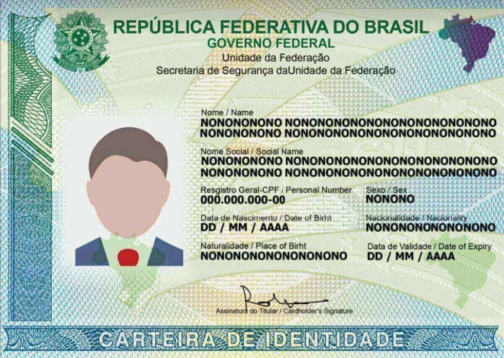 Modelo da nova carteira nacional de identidade segue com duas opções de nome para caso de "nome social" e campo "sexo". — Foto: Itep/Divulgação