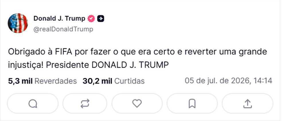 Donald Trump parabeniza Fifa por reverter cartão vermelho aplicado em atacante dos EUA durante a Copa de 2026. — Foto: Reprodução