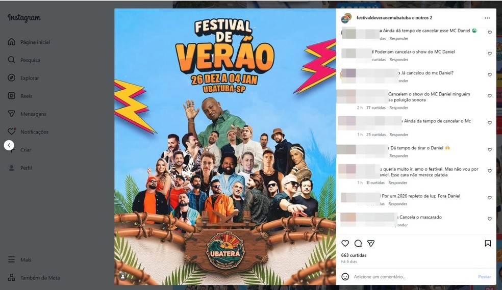 Internautas pediram cancelamento do show de MC Daniel em Ubatuba. — Foto: Arquivo pessoal