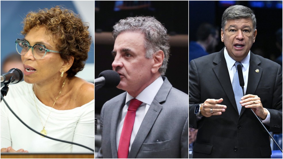 Marília Campos (PT), Aécio Neves (PSDB) e Carlos Viana (PSD) lideram os diferentes cenários da pesquisa Quaest com intenção de voto para o Senado em MG. — Foto: Willian Dias/ALMG + Bruno Spada/Câmara dos Deputados + Waldemir Barreto/Agência Senado