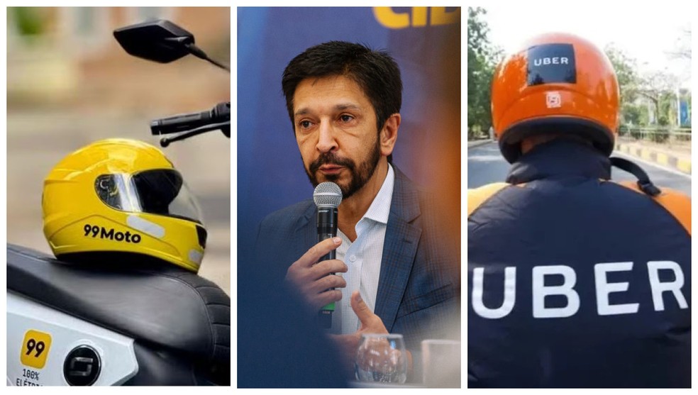 O prefeito Ricardo Nunes (MDB) trava uma briga jurídica com as empresas de moto por app — Foto: Montagem/g1/Reprodução/Redes Sociais