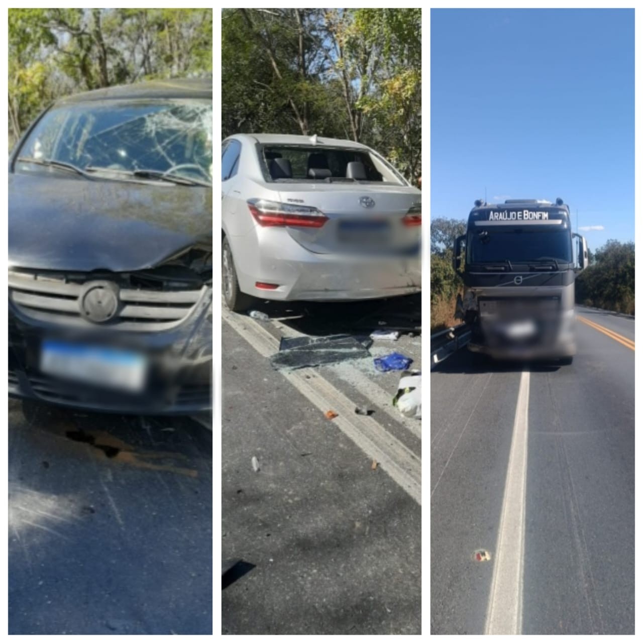 Engavetamento envolvendo dois carros e um caminhão deixa família ferida na BR-135