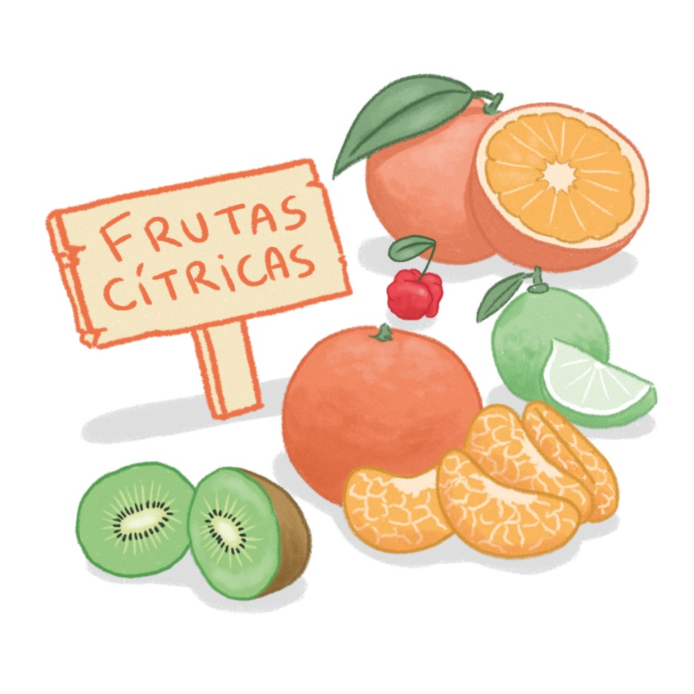 As frutas cítricas contêm vitamina C, boa para imunidade. — Foto: Ana Moscatelli/Arte g1