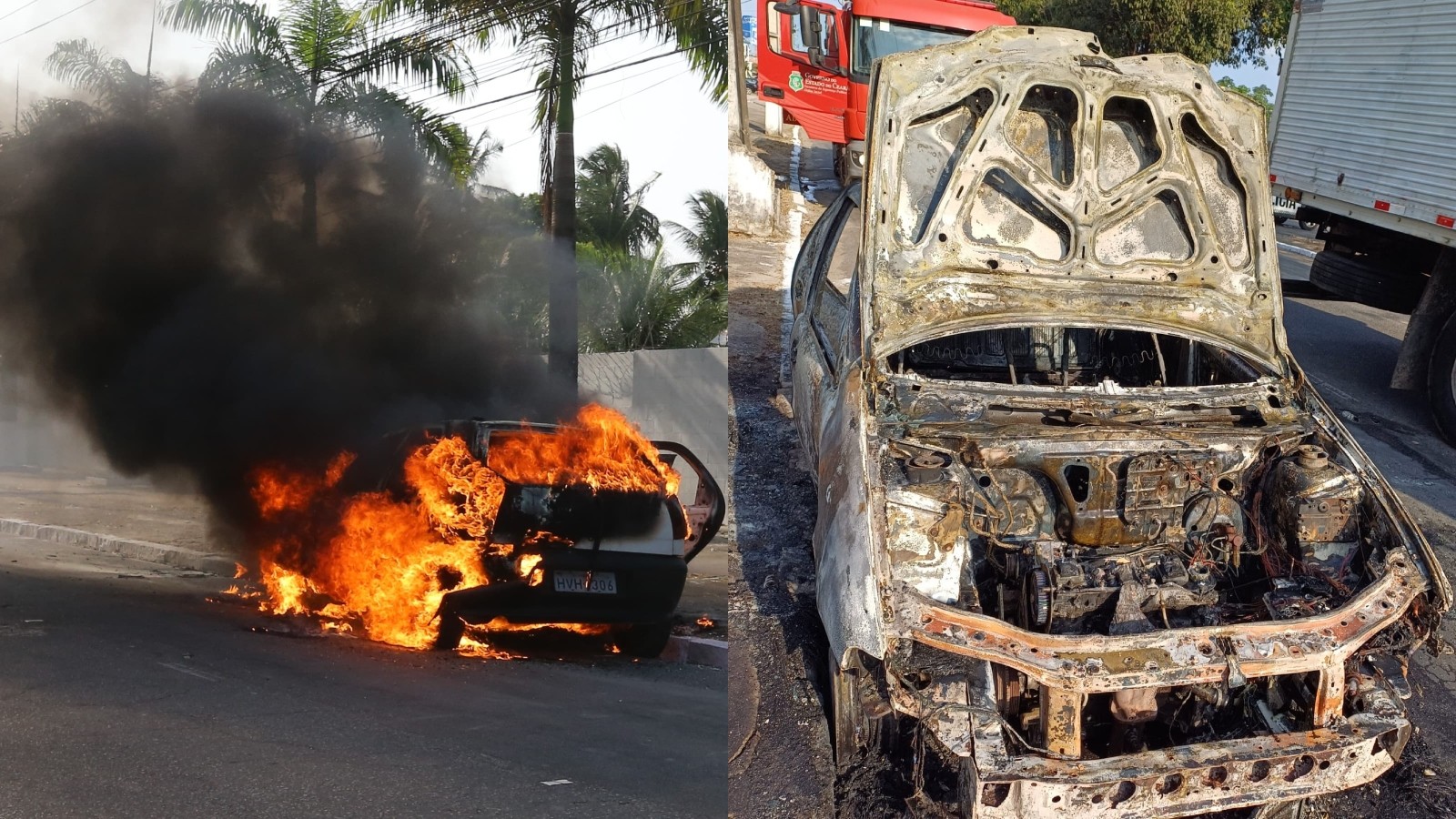 Carro pega fogo em avenida e casal de idosos consegue sair sem ferimentos, em Fortaleza; vídeo