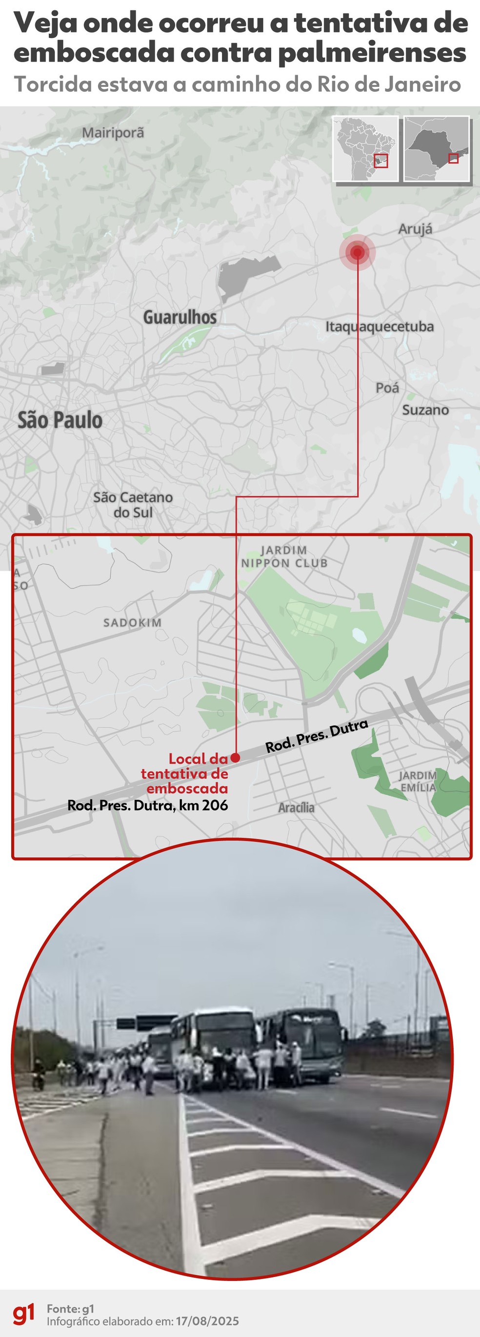 Veja onde ocorreu a tentativa de emboscada contra palmeirenses — Foto: Arte g1