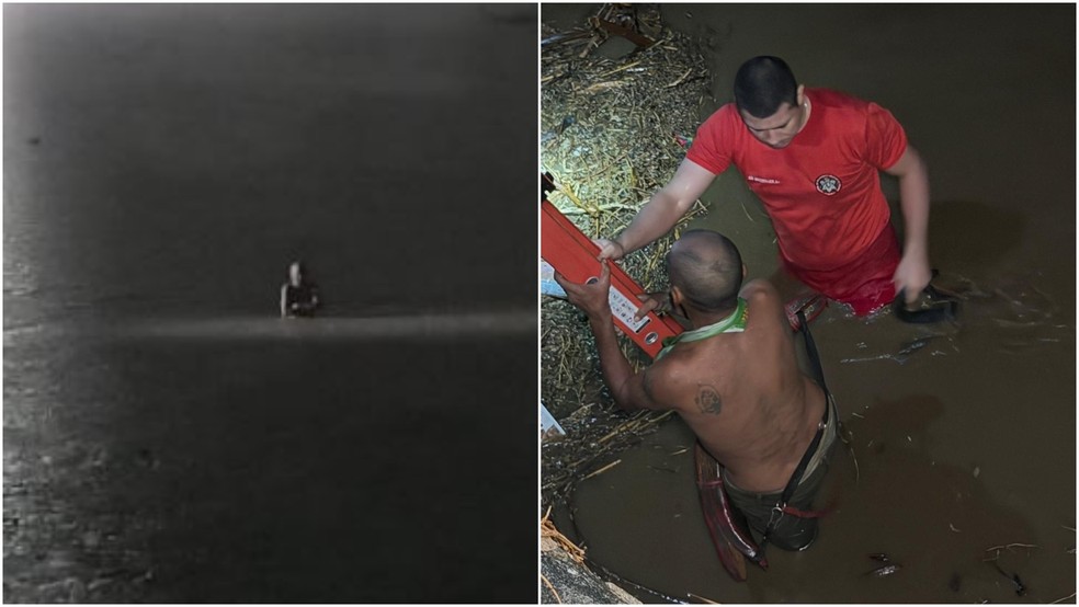 Homem é resgatado pelos bombeiros após ser arrastado por correnteza de rio durante chuva forte em Canindé. — Foto: Corpo de Bombeiros/ Divulgação