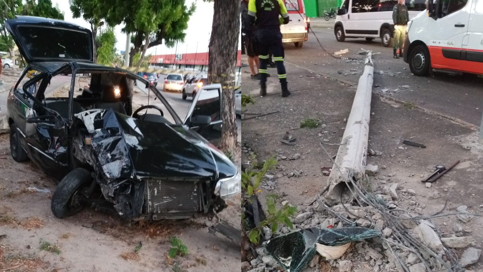 Vídeo: Duas passageiras ficam feridas após motorista perder controle de carro e bater contra árvore e poste, em Fortaleza
