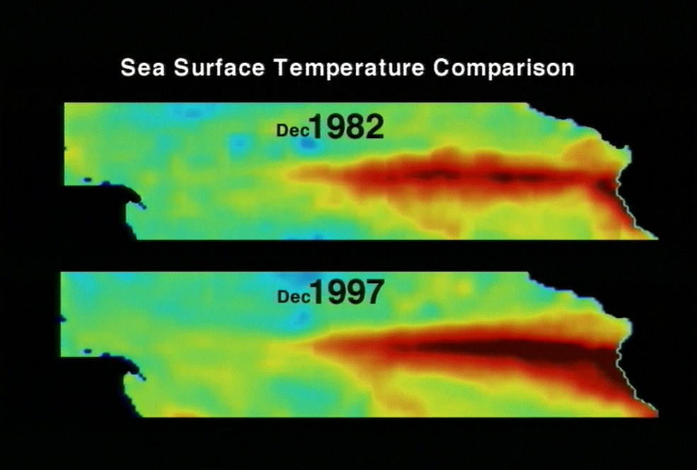 Compara��o do aquecimento anormal do Oceano Pac�fico durante os fortes eventos de El Ni�o de 1982-1983 (acima) e 1997 (abaixo), dois dos mais intensos j� registrados. � Foto: NOAA AVHRR