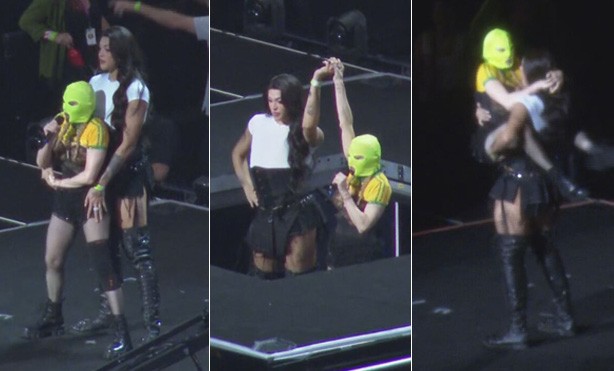 Madonna, de máscara, ensaia em Copacabana e sai de dentro do palco com Pabllo Vittar, que a pega no colo em parte da coreografia