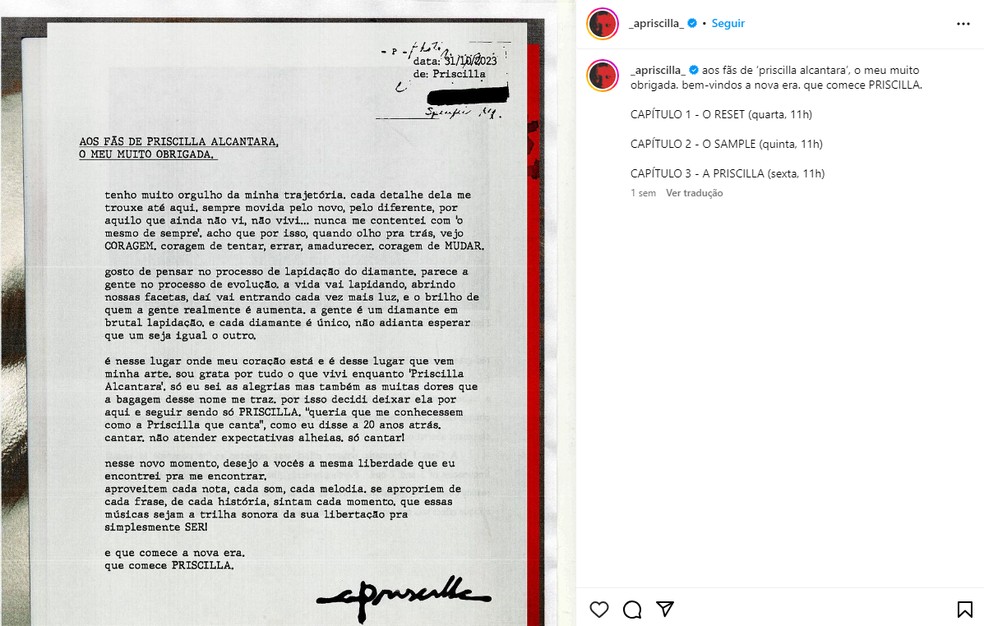 Carta aberta publicada pela cantora Priscilla Alcântara em 31 de outubro de 2023 na qual ela anunciou a mudança de nome artístico, apenas para Priscilla, e a nova fase da carreira — Foto: Divulgação/@_apriscilla_