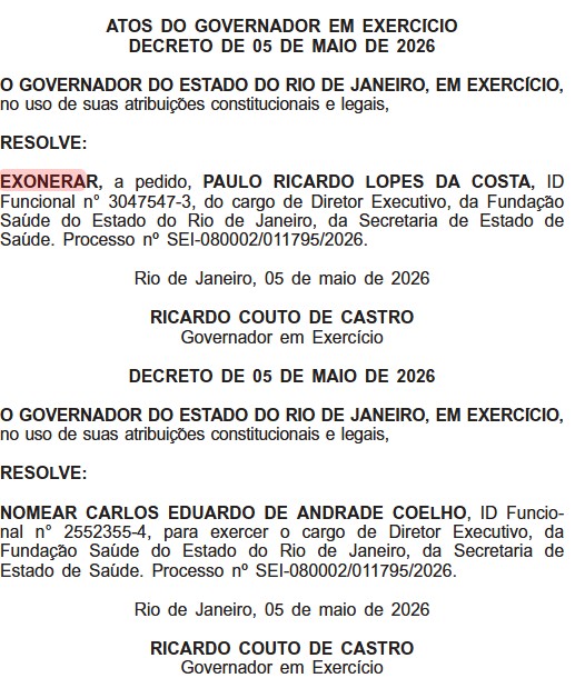 Couto faz mudanças na Secretaria de Saúde do RJ, e servidores vão passar por avaliação  