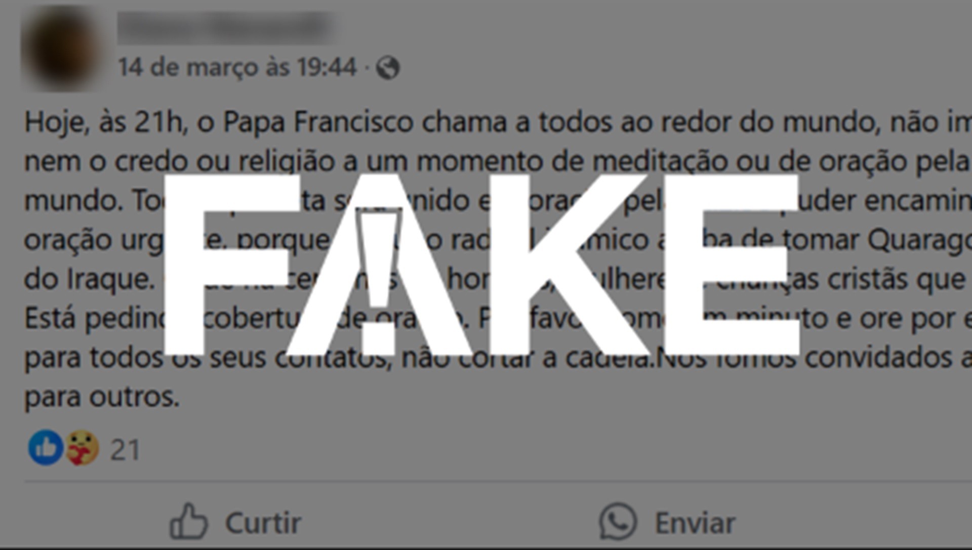 É #FAKE que o papa Francisco chama a todos 'hoje, às 21h' para oração pela paz na Síria 