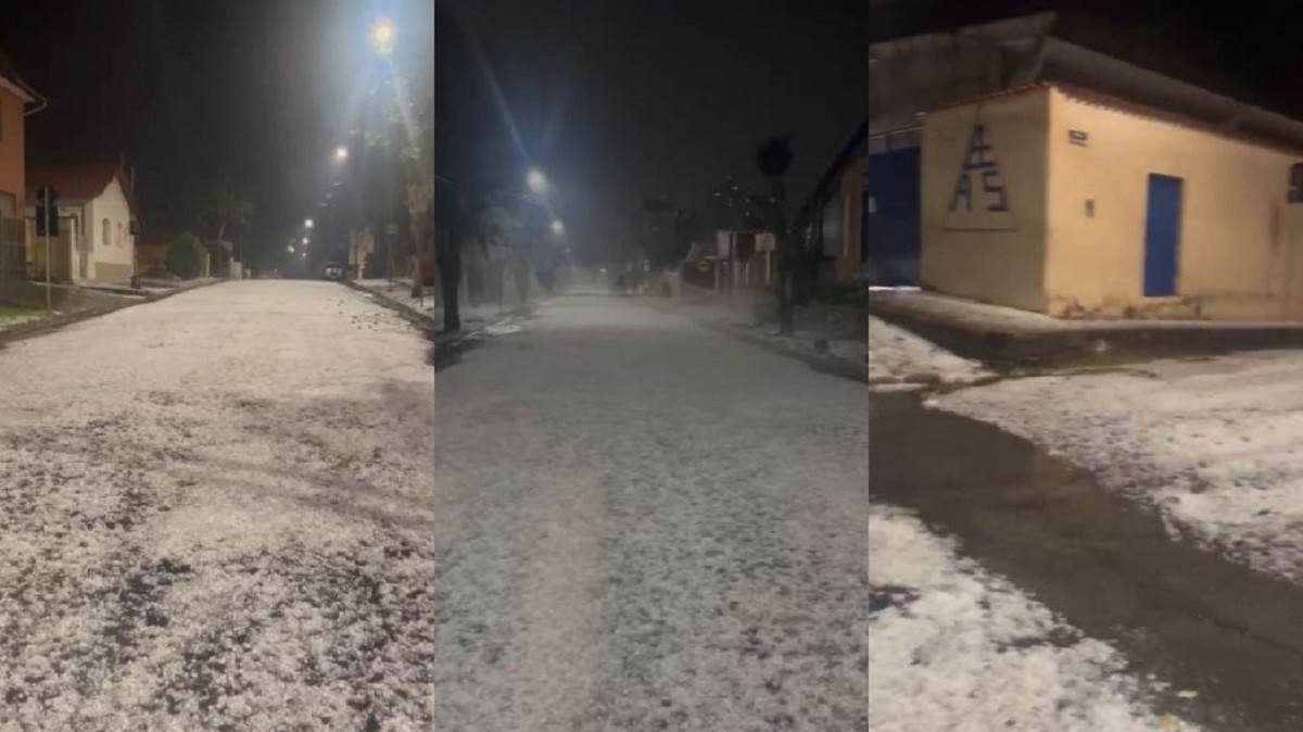 Chuva de granizo cobre ruas de gelo em Barbacena; VÍDEO 