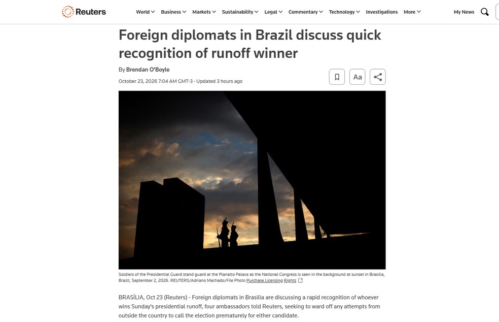 Reportagem da agência de notícias britânica Reuters sobre a expectativa para o 2º turno das eleições brasileiras em outubro de 2026. — Foto: Reprodução/Reuters