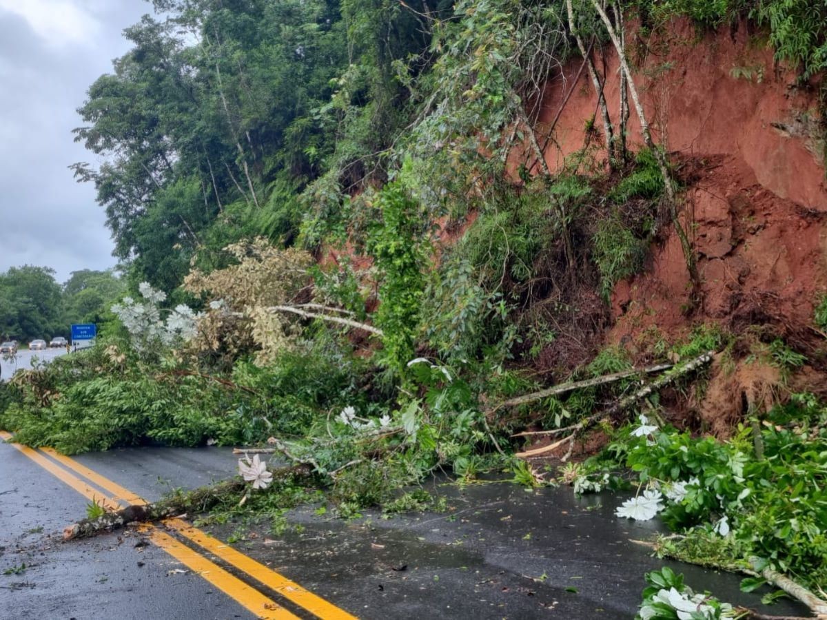Chuva provoca deslizamento de terra e  interdita a rodovia Padre Manoel da Nóbrega, SP