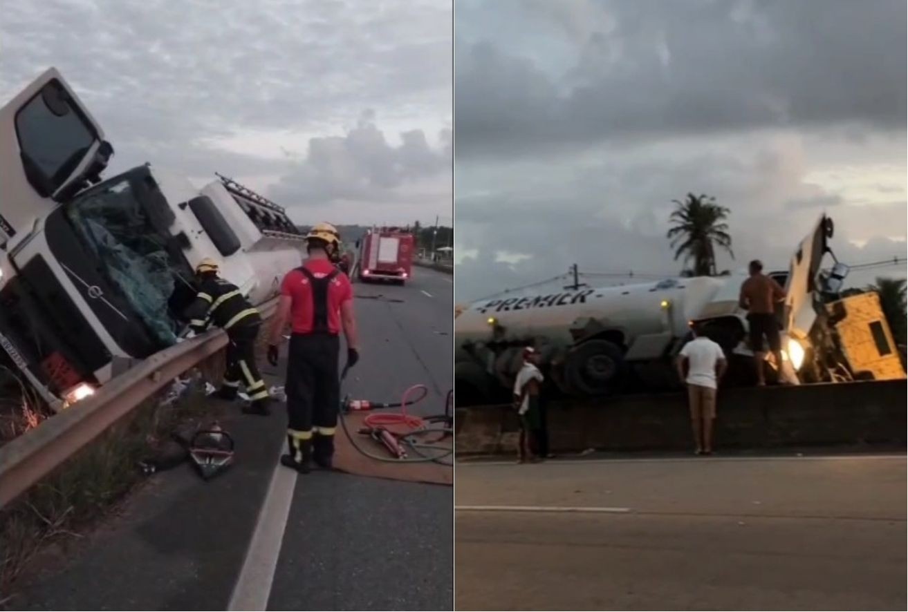 Motorista de carreta-tanque fica preso às ferragens após acidente na BR-101 no RN