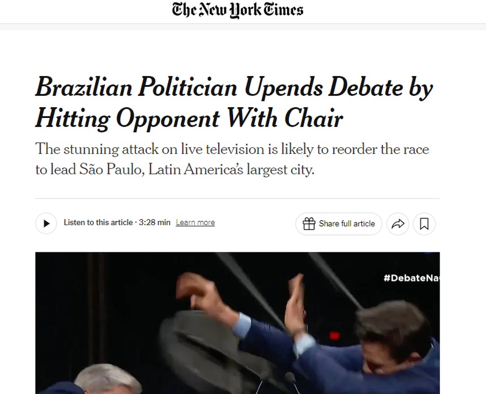 Caos', 'escândalo', 'momento chocante': cadeirada de Datena em Marçal em debate repercute no exterior; veja manchetes | Mundo | G1